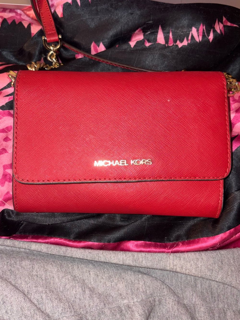 Michael Kors Red Saffiano Crossbody Wallet with Gold Hardware